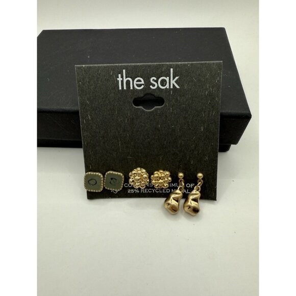 The Sak Gold Tone Sage Green Stone Post Stud Earrings Lot of 3 NWT New - Picture 3 of 5
